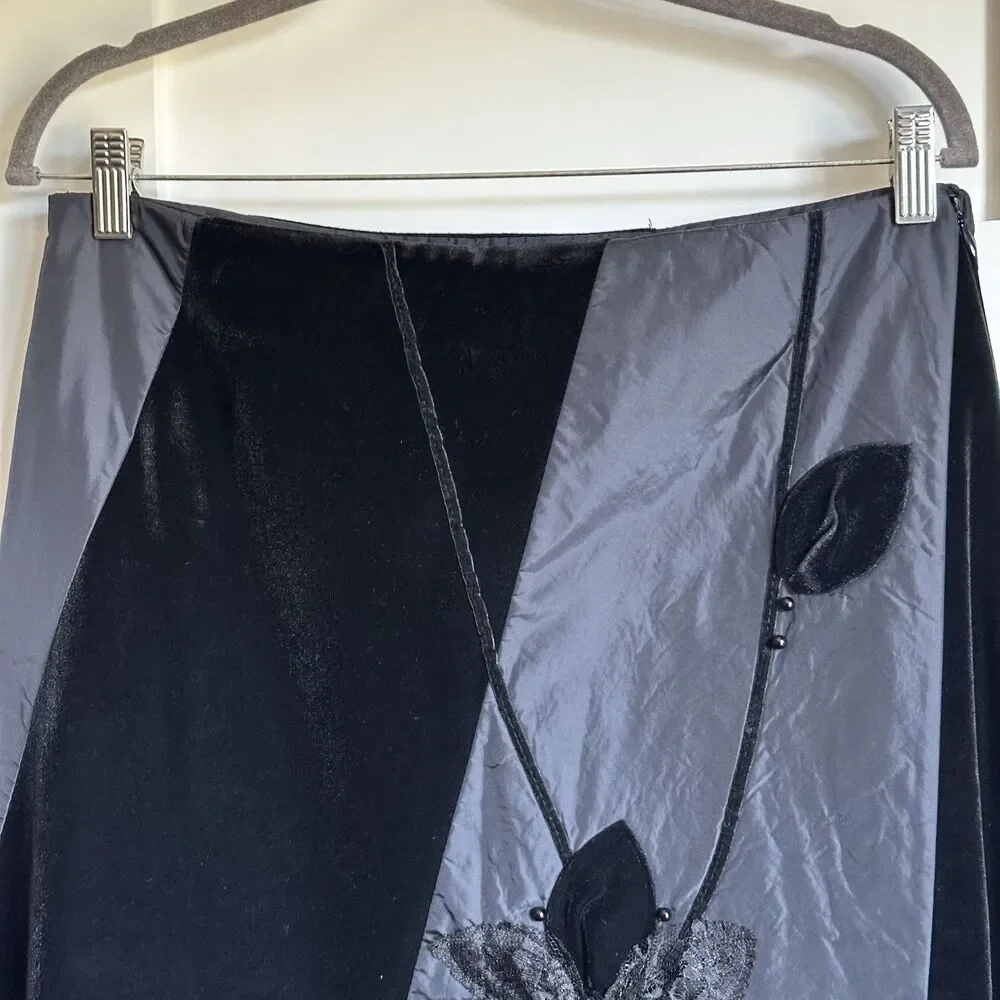 Black Velvet Embroidered Beaded Whimsigoth Witchy A-Line Skirt Size XL